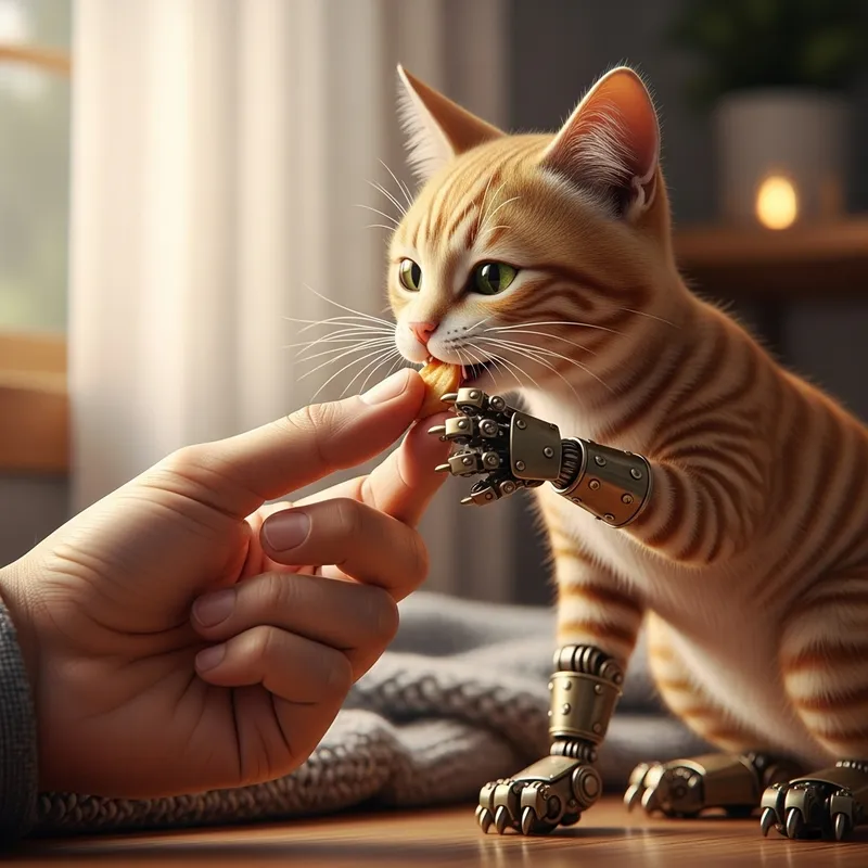 Sweet Ginger Cat with Mechanical Paws Enjoying a Snack