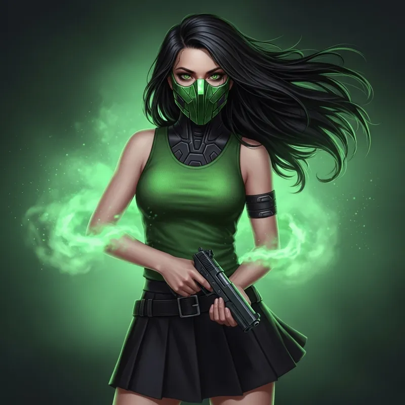 Captivating Cyberpunk Woman in Green Tank Top and Metallic Mask