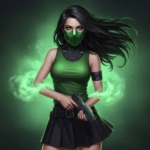 Cyberpunk Woman with Green Metallic Mask and Gun