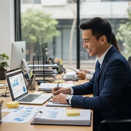 Joyful Asian Marketing Manager in Modern Office Workspace