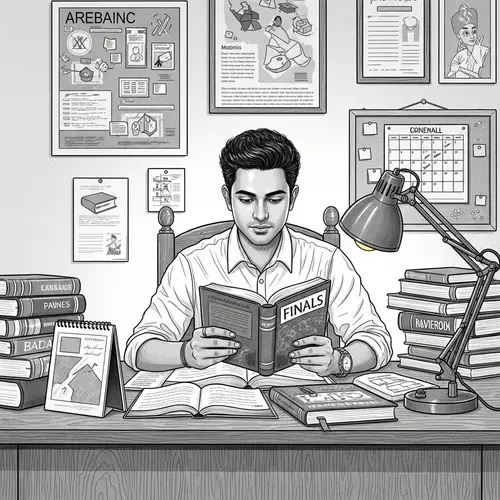 Black and White Drawing of a Young Man Studying