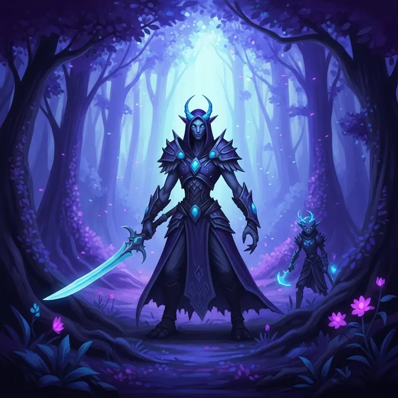 Enchanting Creature in Lush Fantasy Forest: Vibrant Purples & Blues