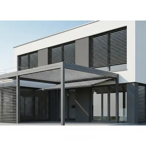 Modern House with Aluminum Blinds, Pergolas, and Hinged Awning