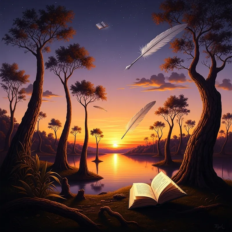 Mystical Sunset at Tranquil Lake - Salvador Dali's Influence