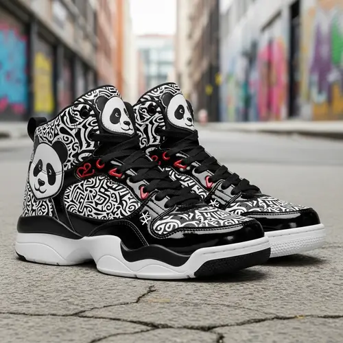 Panda-Themed High-Top Sneakers | Abstract Design Inspired by Tattoos