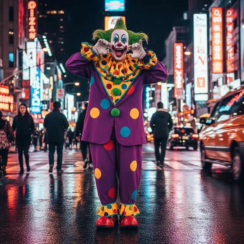 Chaos in Neon City: Green-Haired Clown Mimicking Cat's Mewing
