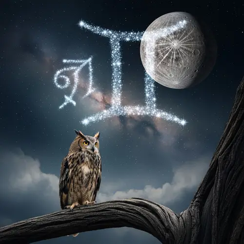 Majestic Owl in Gemini Night Sky | Cosmic Wildlife Scene