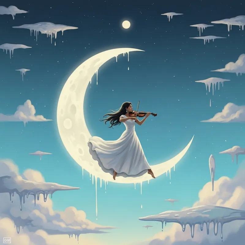 Surreal Moonlit Fantasy: Woman Dances Playing Violin on Crescent Moon