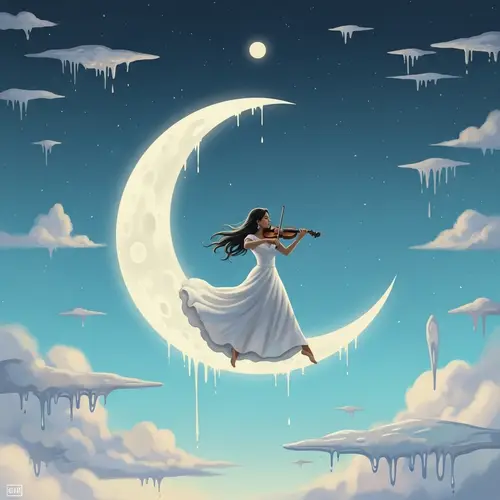 Hispanic Woman Dancing on Whimsical Crescent Moon | Moonlit Fantasy Scene