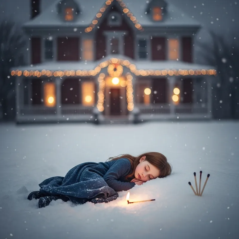 Sleeping Little Match Girl in Snow: Christmas Scene