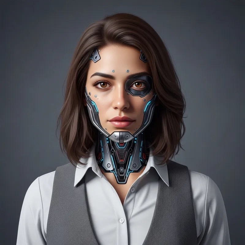 Futuristic Half-Cyborg Woman in Cyberpunk Attire