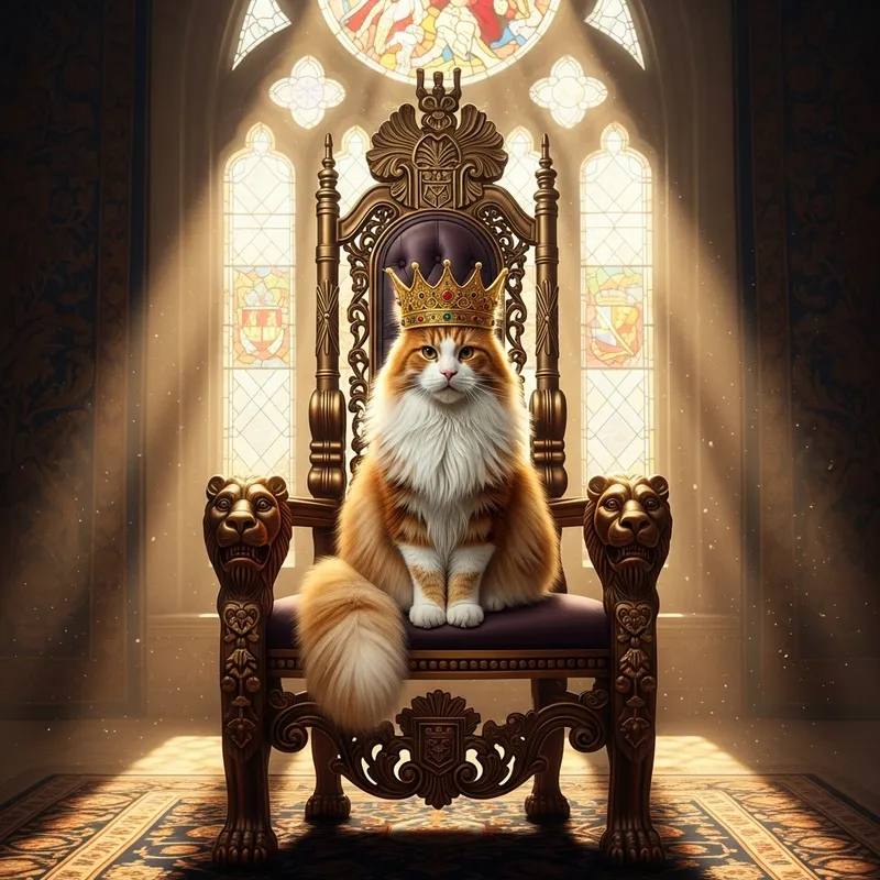 Regal King Cat on Throne with Crown