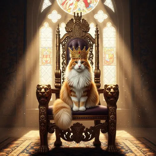 Regal Fluffed Up Domestic Cat on Throne with Crown