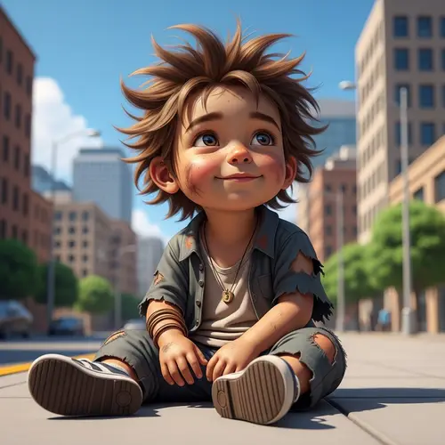 Hopeful Homeless Child in City Sidewalk | Heartwarming Scene