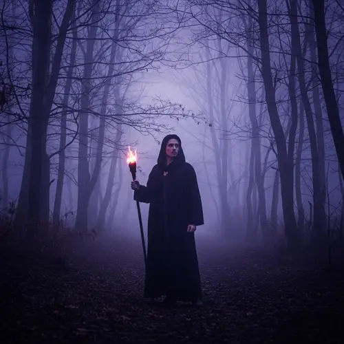 Enigmatic Figure in Foggy Forest | Fantasy-Inspired Art