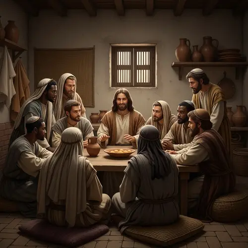 Smiling Jesus and Disciples in First Century Room