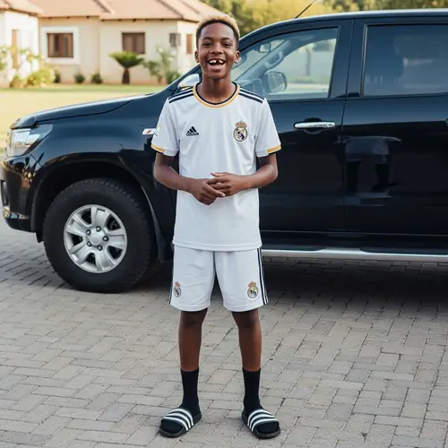 Smiling Black 14-Year-Old with South African Haircut and Madrid Shirt