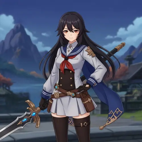 Heroic Dark-Haired Character in Navy Attire with a Sword
