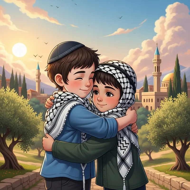 Jewish and Palestinian Boys Embracing in Unity