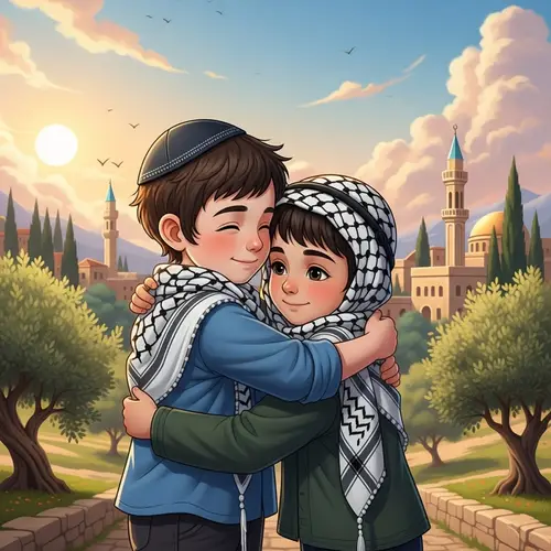 Jewish and Palestinian Boys Embracing in Symbol of Peace