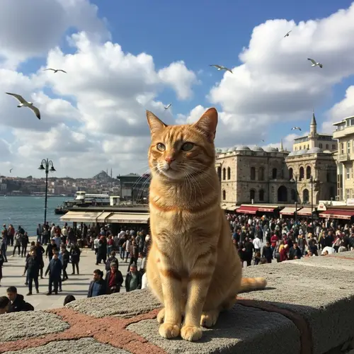 Cat in Turkey by the Bosphorus: Ginger Short-Haired Feline Enjoying the View
