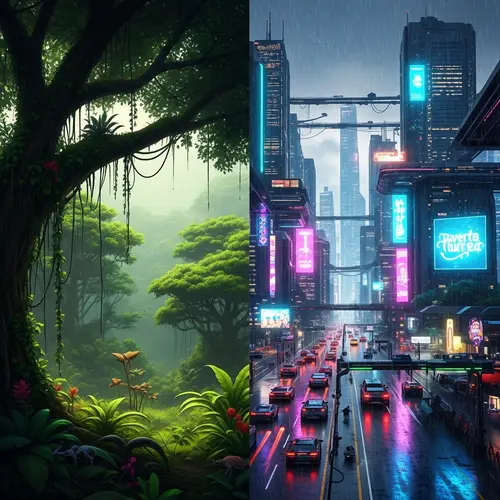 From Verdant Rainforest to Futuristic Cityscape - Cyberpunk Transformation