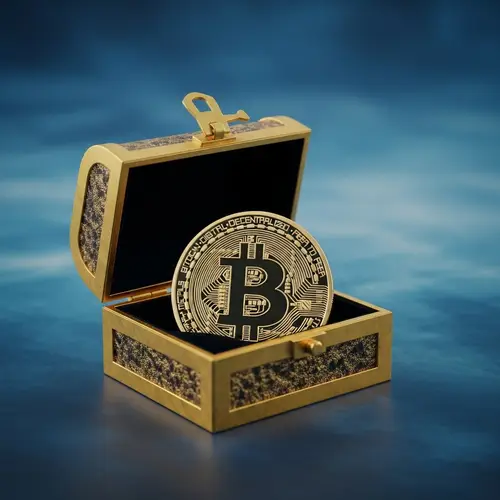 Antique Gold Casket with Bitcoin Coin on Blue Background