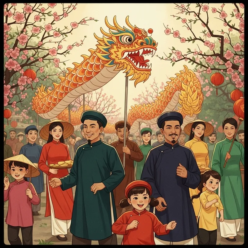 Vibrant Tet Festival Illustration with Dragon in Peach & Apricot Gardens