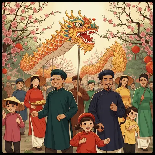 Vintage Vietnamese Tet Festival Illustration with Vibrant Dragon