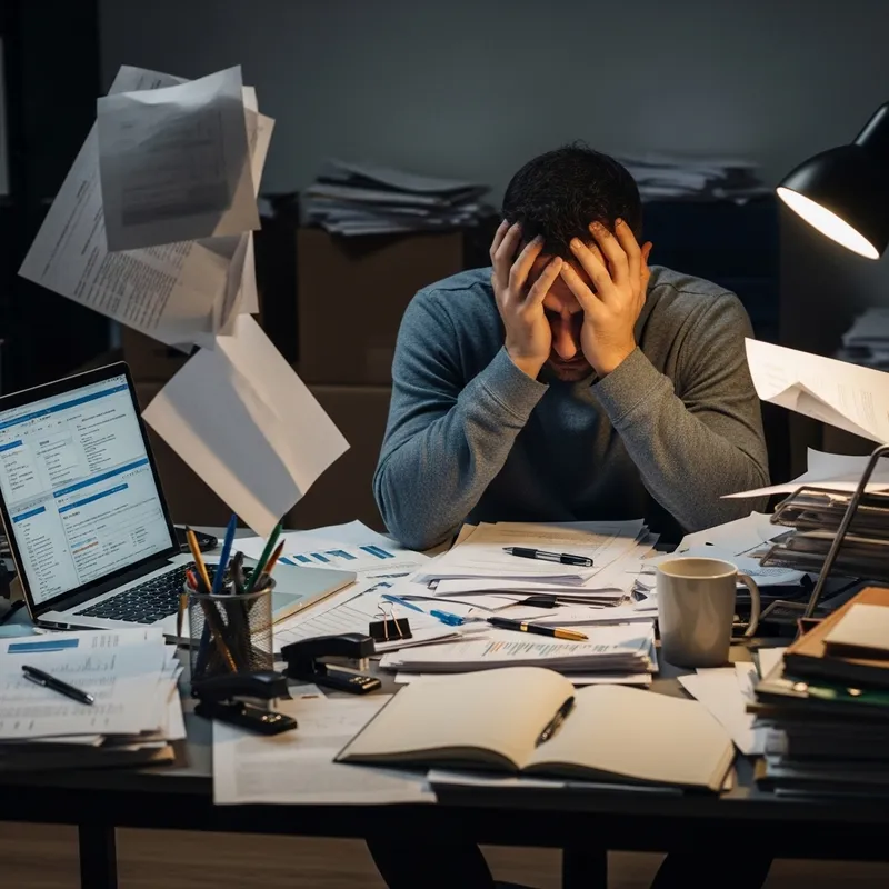 Stressed Hispanic Man Overwhelmed at Messy Desk Stressed Hispanic Man Overwhelmed at Messy Desk