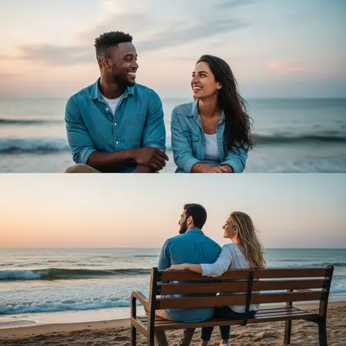 Diverse Couples Enjoying Beach Sunset Conversation