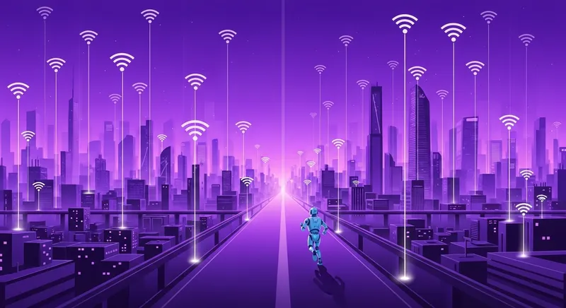 Futuristic WiFi Cityscape: Purple Light Beams & Innovation Futuristic WiFi Cityscape: Purple Light Beams & Innovation