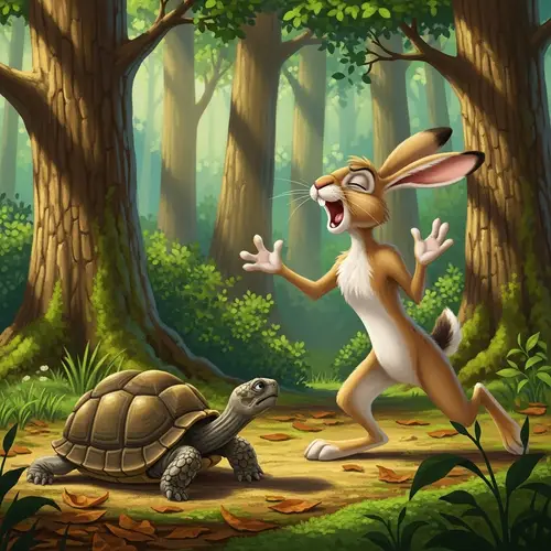 Prideful Hare Mocks Tortoise: Forest Speed Race Scene