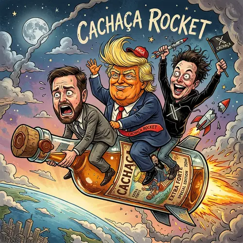 Satirical Bottle Rocket Illustration Featuring Trump, Musk & Vance