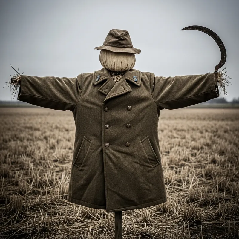 Vintage Military Pea Coat Scarecrow with Rusty Sickle