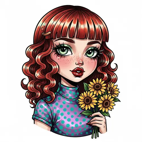 Iridescent Chibi Girl Sticker in Purple and Teal Turtleneck with Sunflowers