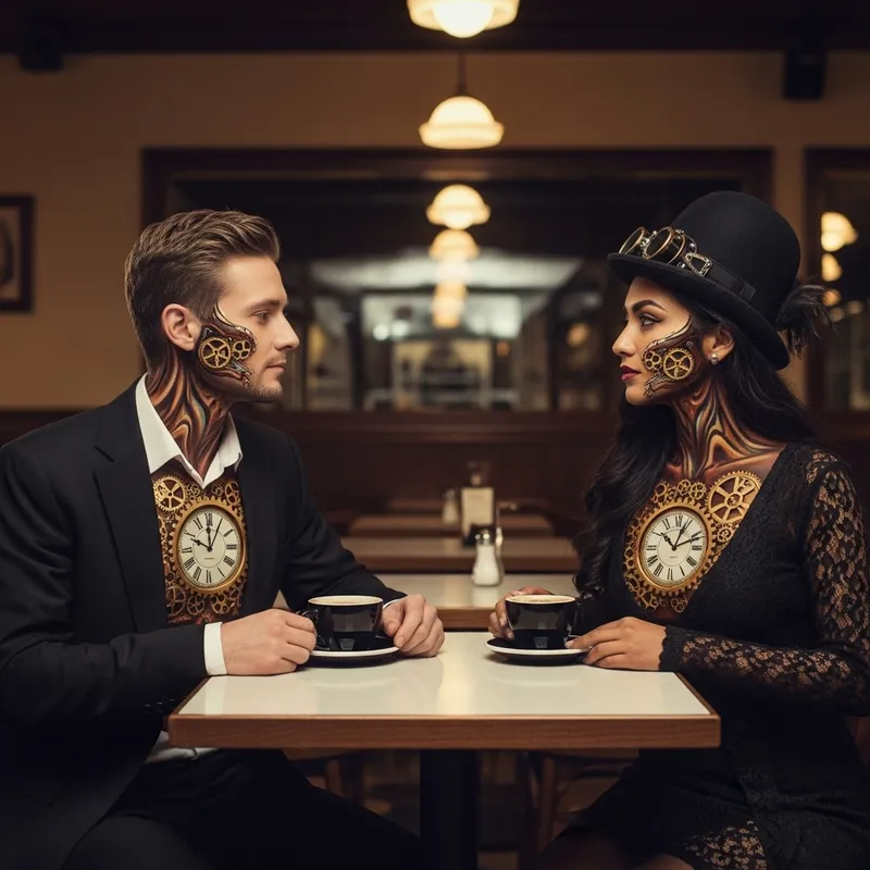 Surreal Steampunk Café Scene: Clockwork Characters in Vintage Lens Capture