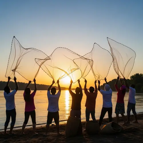 Diverse Fishermen Casting Nets at Riverbank | Sunset Silhouette