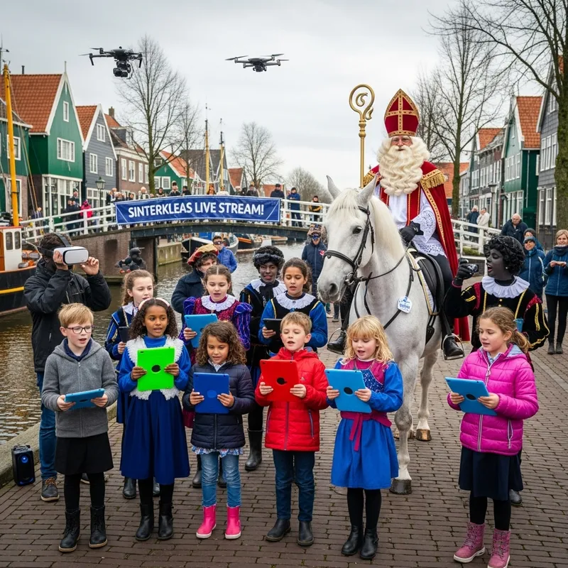 Sinterklaas Riding White Horse at Dutch Intocht in Volendam, Netherlands