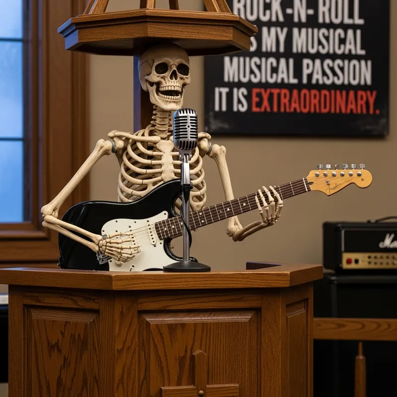 Skeleton Preacher with Black Guitar Rocking the Pulpit Skeleton Preacher with Black Guitar Rocking the Pulpit