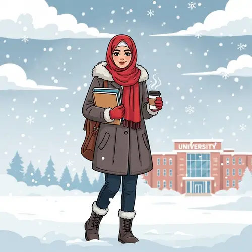 Middle-Eastern Female Student in Winter Clothing at University Campus