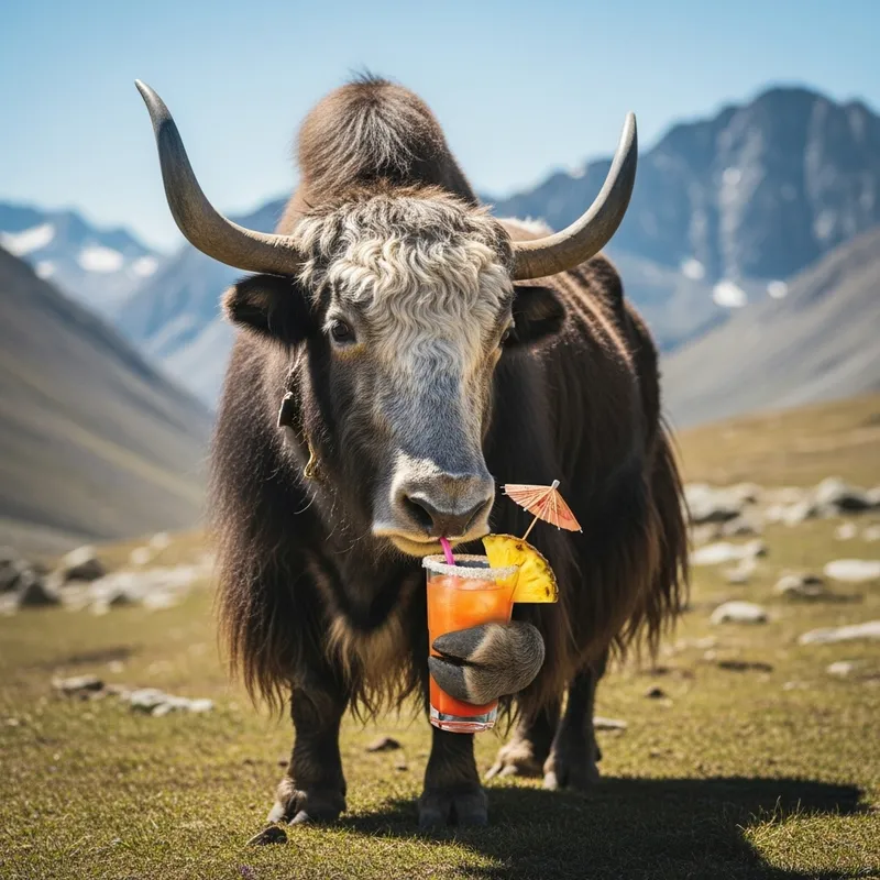 Majestic Yak Enjoying a Sophisticated Cocktail in Alpine Setting