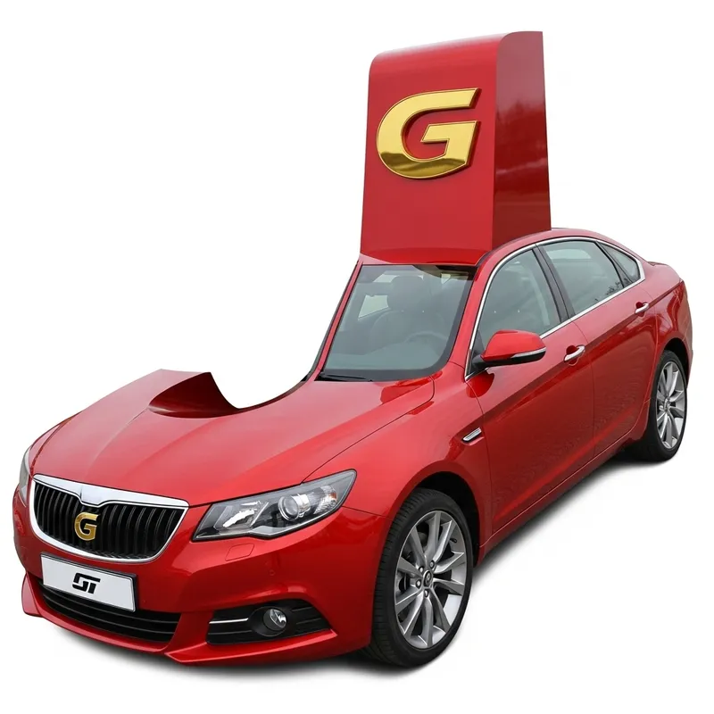 Unconventional 'J' Shaped Sedan Car with 'G' Logo in Glossy Red