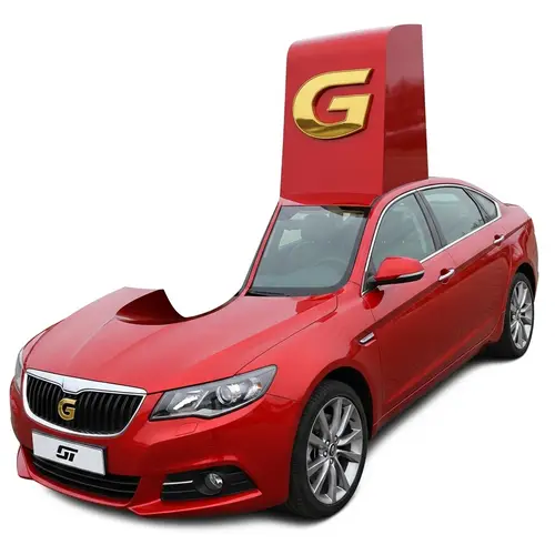Unique 'J' Shaped Sedan Car with 'G' Logo in Glossy Red