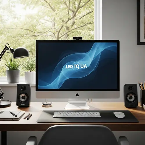 Modern Computer Setup on Sleek Wooden Desk