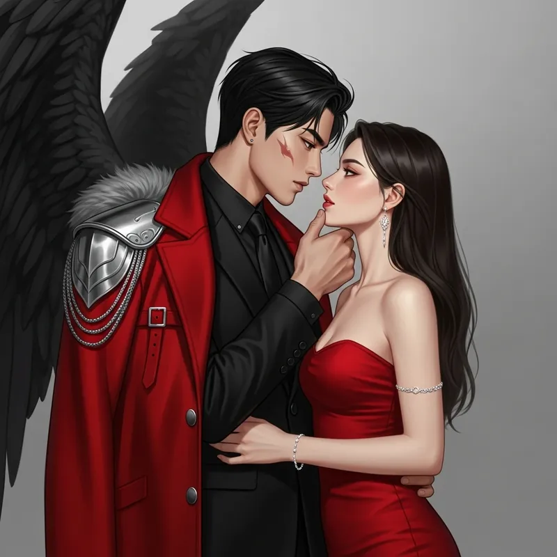 Dark Angel in Black Suit with Red Coat Embracing Woman in Red Dress Dark Angel in Black Suit with Red Coat Embracing Woman in Red Dress
