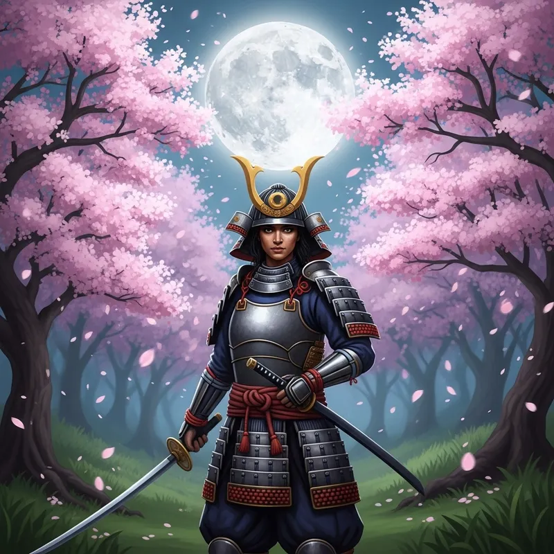 Asian Female Samurai in Enchanted Moonlit Forest