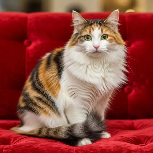 Calico Cat with Long Fluffy Fur and Emerald Green Eyes