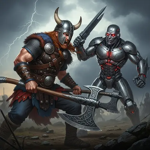 Viking Warrior vs Terminator: Epic Battle on Rugged Battlefield