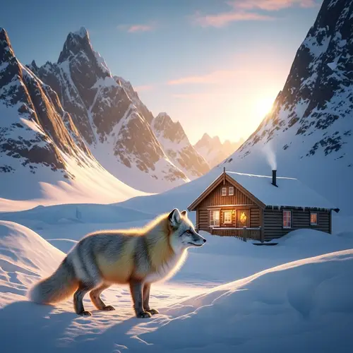 Beautiful Antarctica Scene with Cabin, Fox, and Mountains